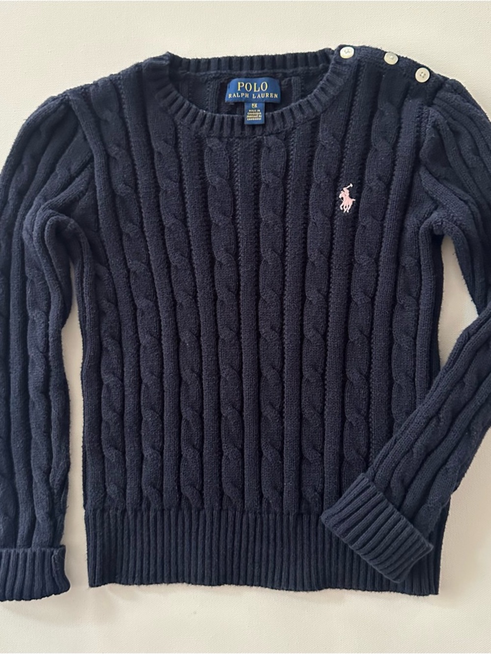 Polo Ralph Lauren Girls 6X Navy Cable Knit Sweater Shoulder Buttons Pink Pony